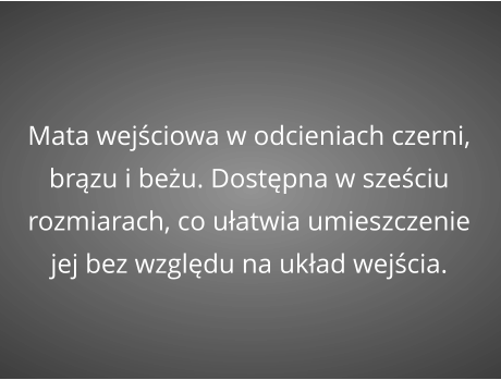 Mata wejściowa w odcieniach czerni, brązu i beżu. Dostępna w sześciu rozmiarach, co ułatwia umieszczenie jej bez względu na układ wejścia.